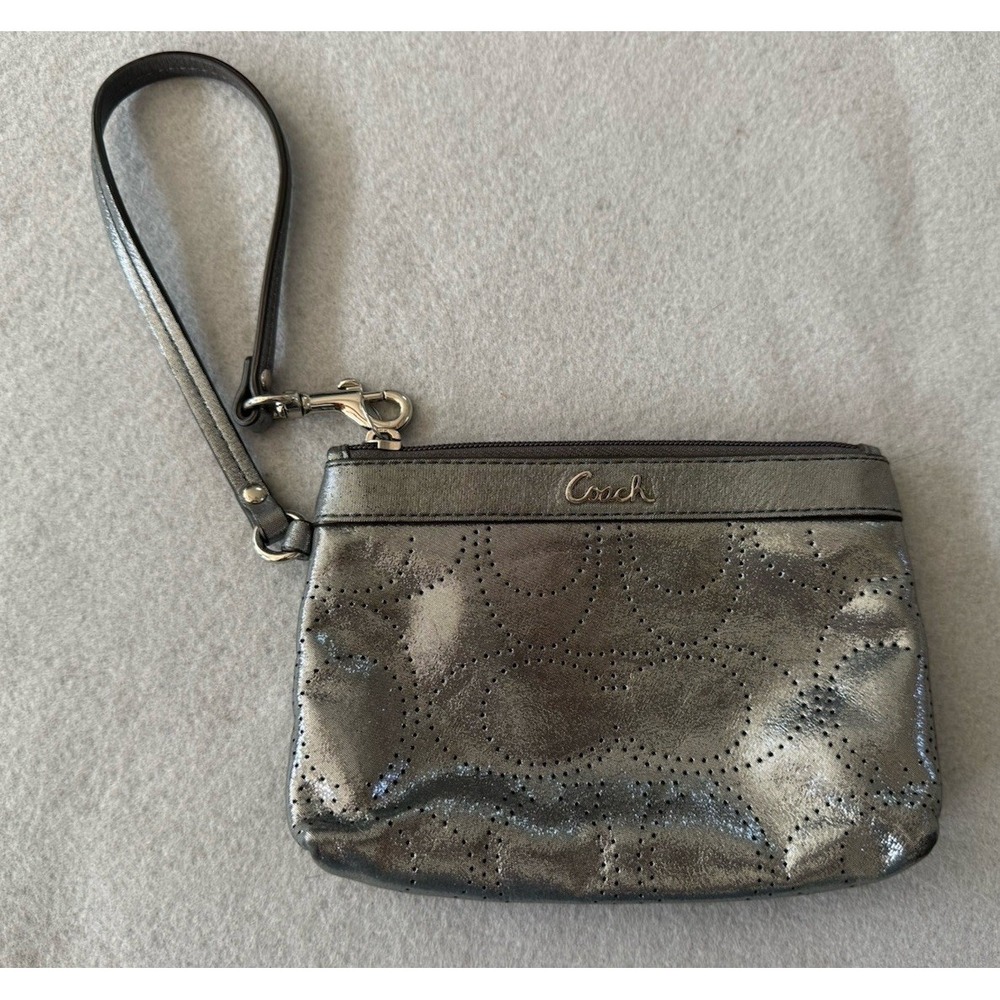 Coach Wallets Perforated Silver Metallic Leather Top Zip Detachable Wristlet